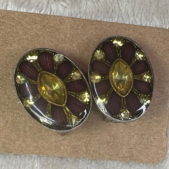 Vintage Art Deco Style Earrings Clip On Burgundy Yellow Silver Tone Oval Rhinest - Picture 2 of 5